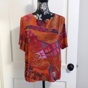 🍂VTG Karen Kane🍂 - Orange/Multicolor Abstract Print S/S Top